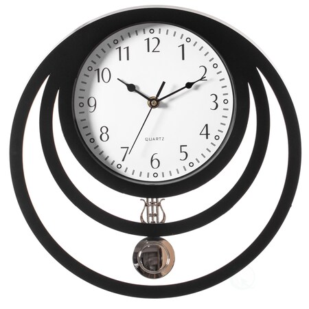 Quickway Imports Decorative Modern Round Plastic Wall Clock with Circles, for Living, Kitchen, or Dining, Black QI004147.BK